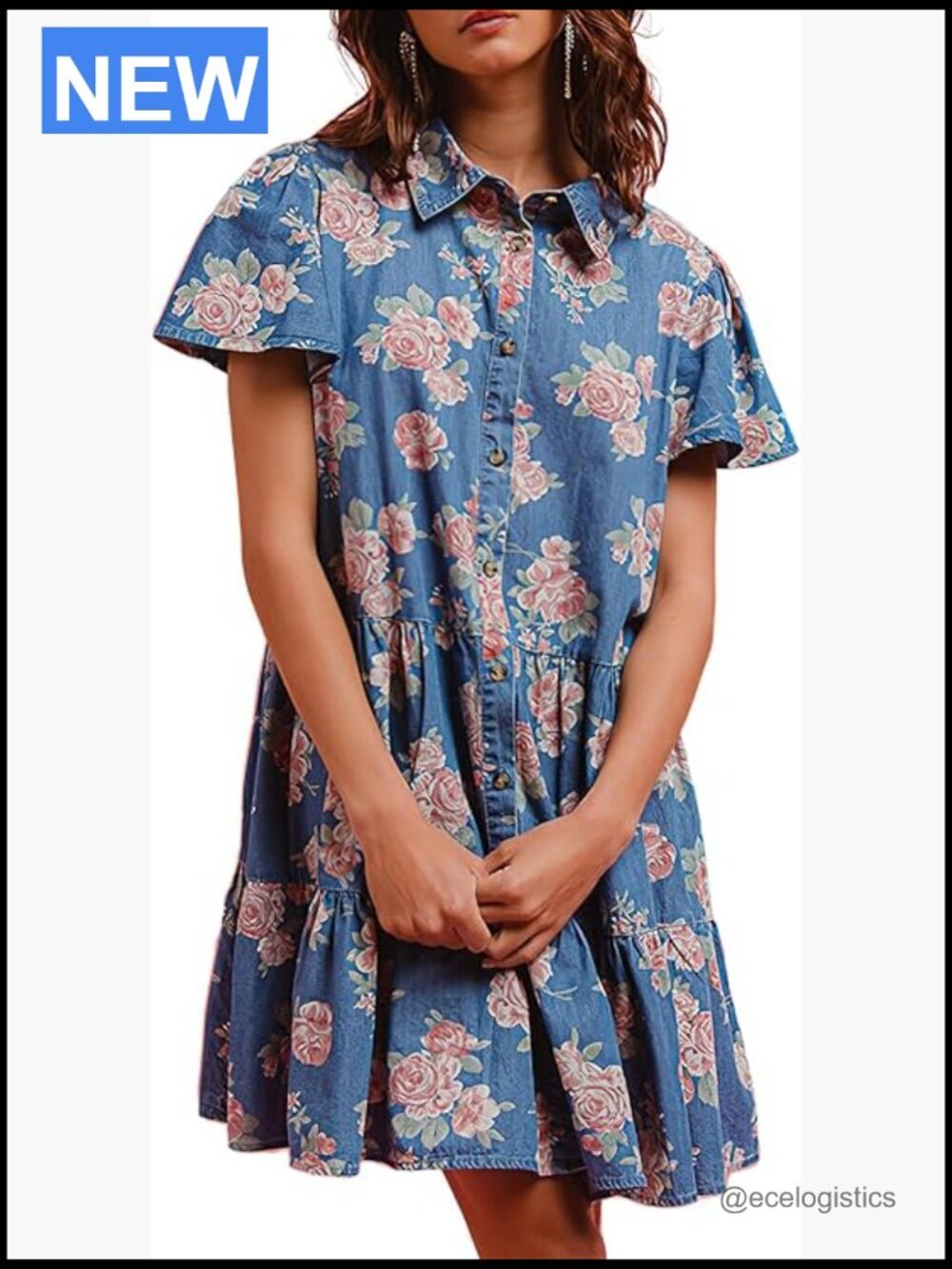 Sweet Floral Denim Dress - Button Up Ruffle Sleeve Flowy A-Line Mini